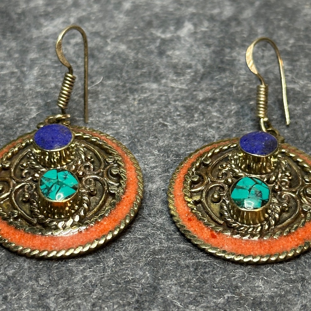 Tibetan Silver Lapis, Coral and Turquoise Round Earrings